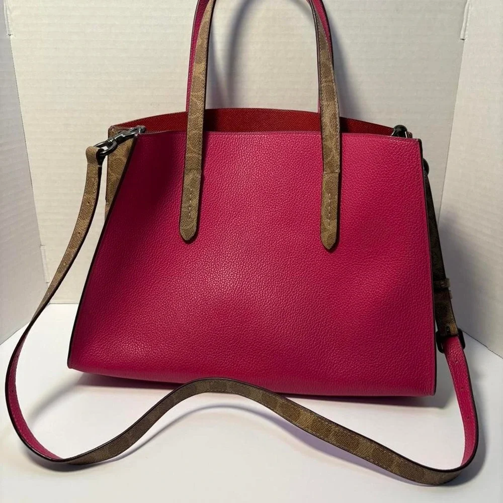 Coach Pink Pebbled Leather Tote Bag Brown Monogram Trim Red Interior 76073